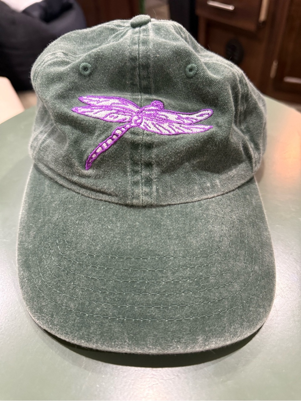 Embroidered Dragonfly NJ Cape May Baseball Cap - Forest Green with Purple Accent